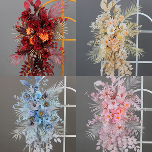 婚庆彷真花艺背景装饰柚子叶挂花红色系森系婚礼点花架角花路引花