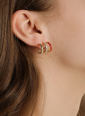 925银耳钉个性设计感几何弧形红色耳环女2025年新款潮耳饰