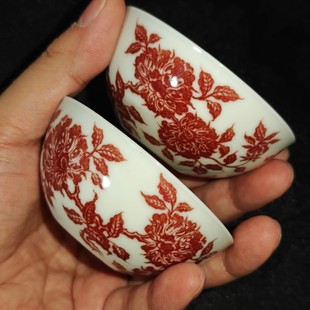 勤义堂山茶花小卧足主人杯发色特好景德镇手工手绘