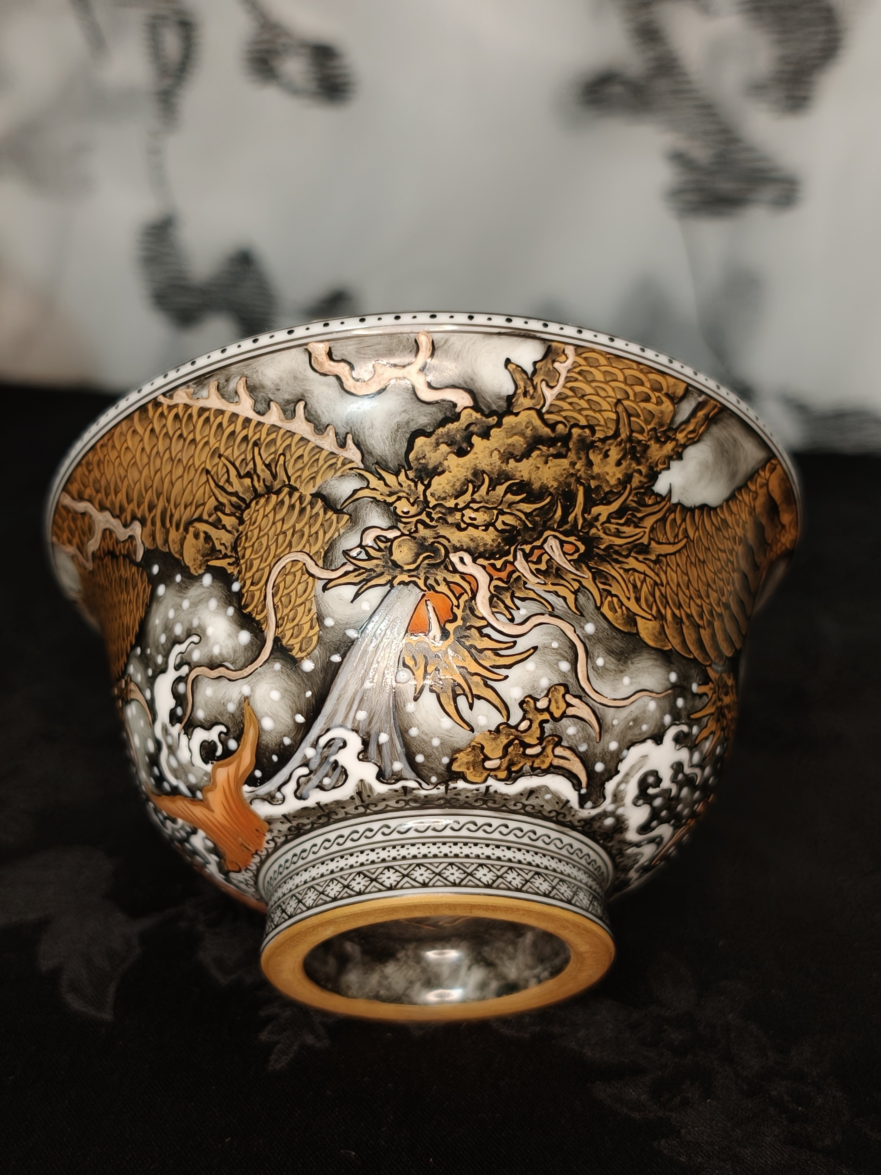空山明月墨彩鱼化龙系列墨彩描金主人杯手工手绘