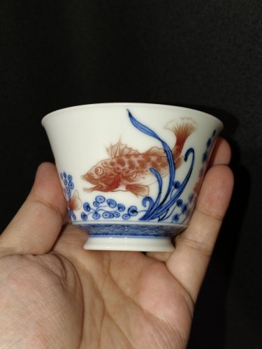 勤义堂青花釉里红鱼藻纹漏斗杯110cc纯手工手绘喝茶送礼主人杯