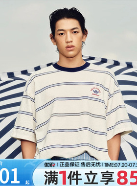 adidas阿迪达斯三叶草男子条纹上衣度假风运动休闲短袖T恤KW8247