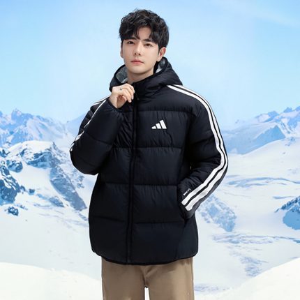 优购adidas阿迪达斯男子三条纹户外运动保暖连帽羽绒服外套KC2490