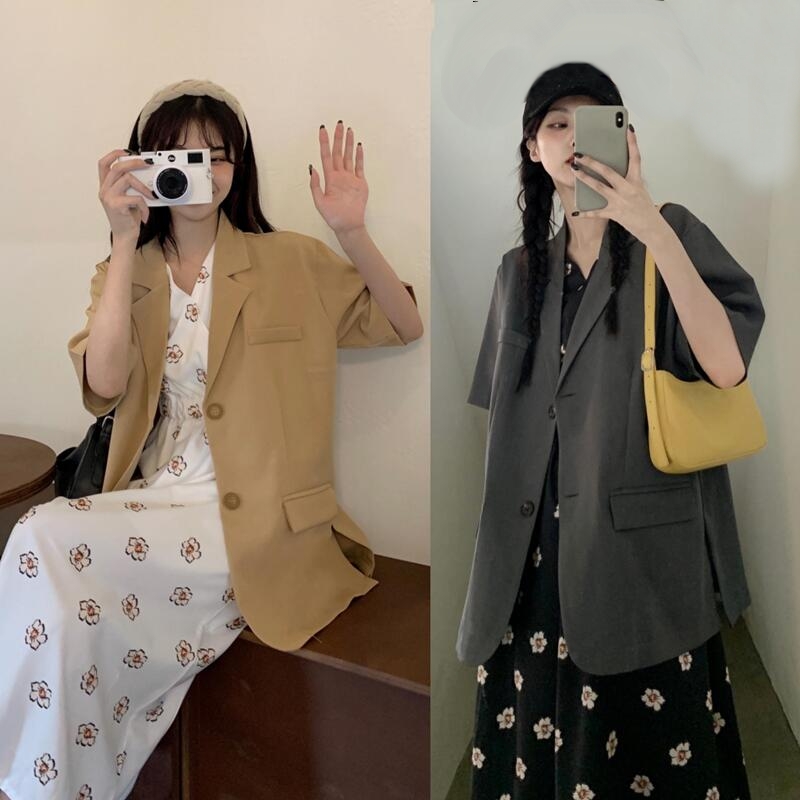 Real shot and real price design: split short sleeve suit coat + waist down slim Floral Dress