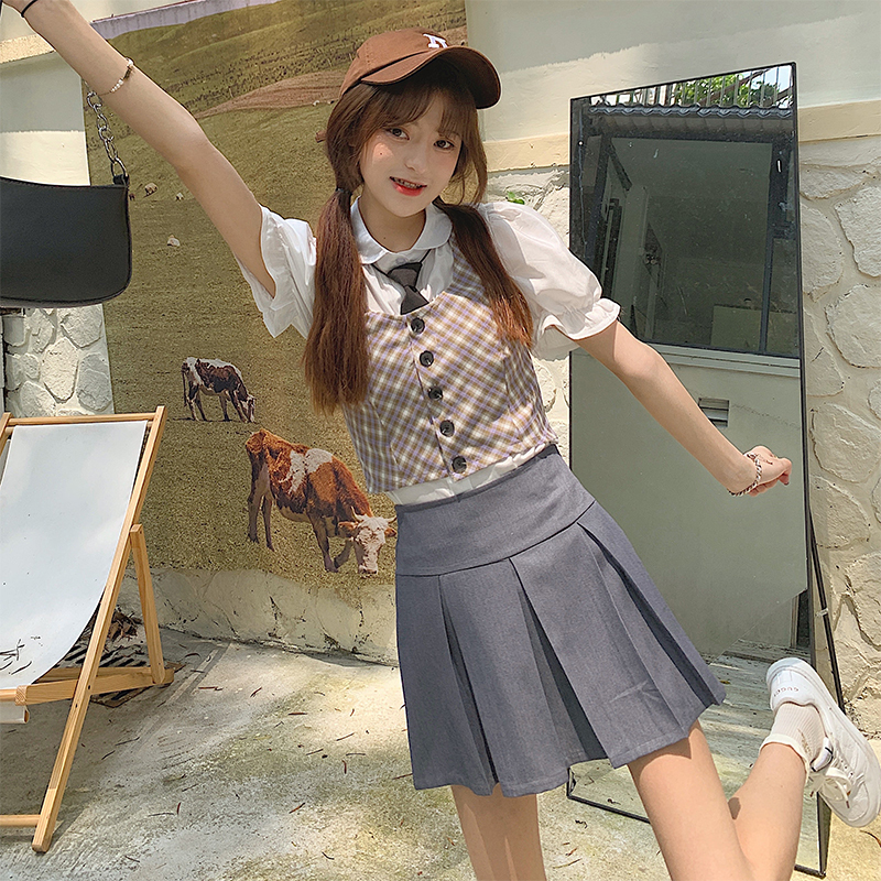 Real price salt plaid with Vest + grey business waist pleated skirt suit