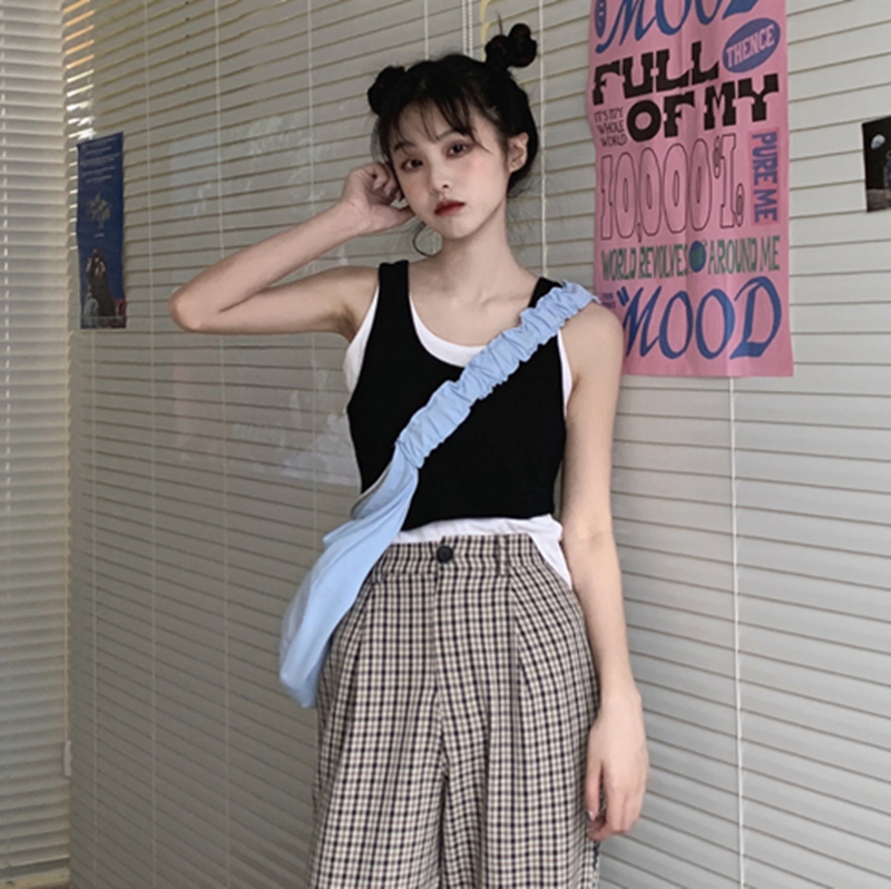 Real price fake two-piece vest sleeveless top + salty or sweet drawstring plaid pants