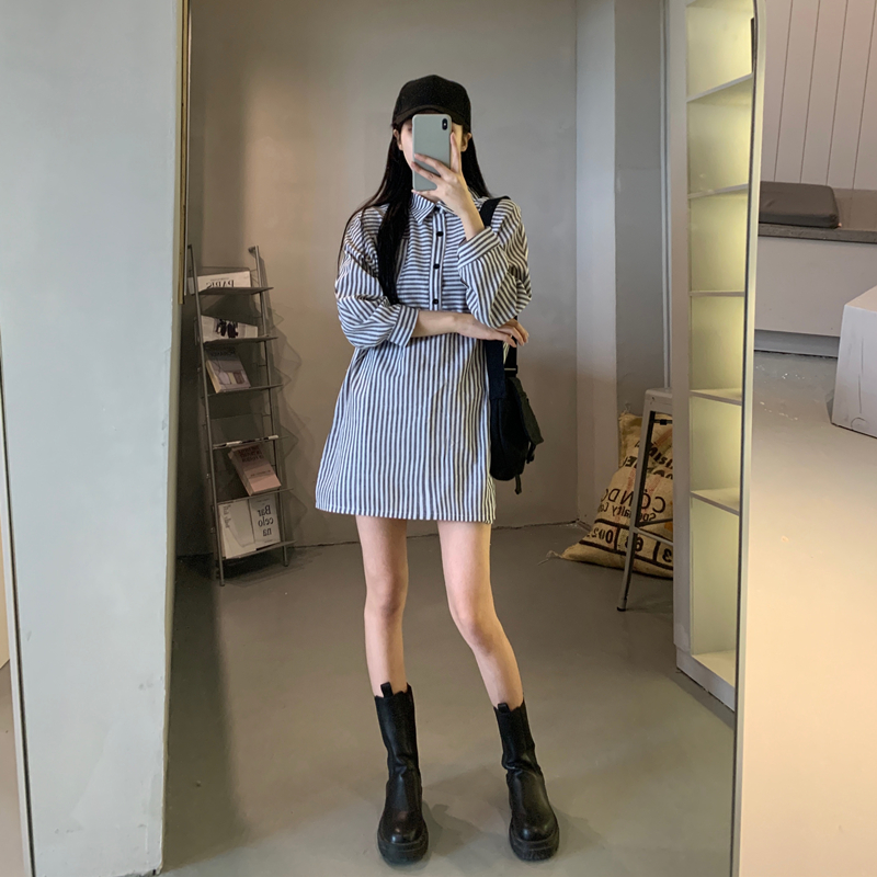 Real price stripe stitching lapel pocket lining skirt mid length dress