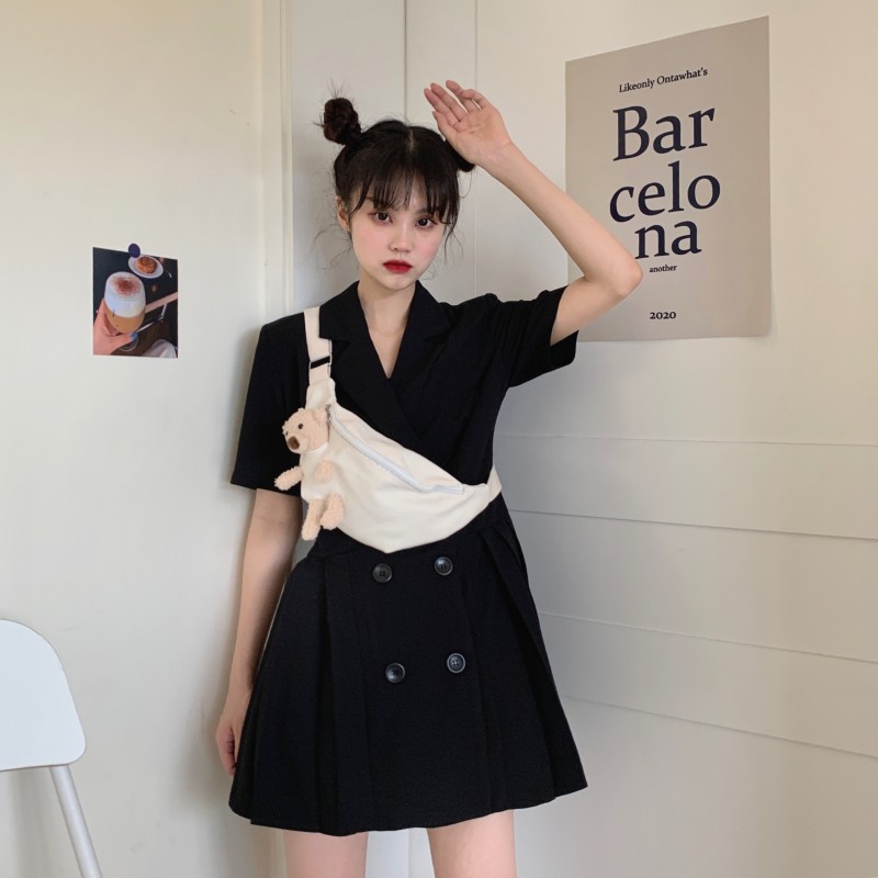 Real price Hepburn double breasted waist slim A-line suit dress