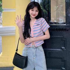 Real price versatile short loose stripe V-neck zipper Short Sleeve T