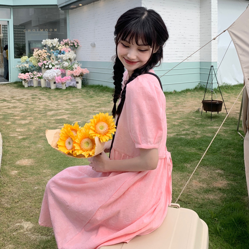 Real price small high waist slim sweet bubble sleeve dress