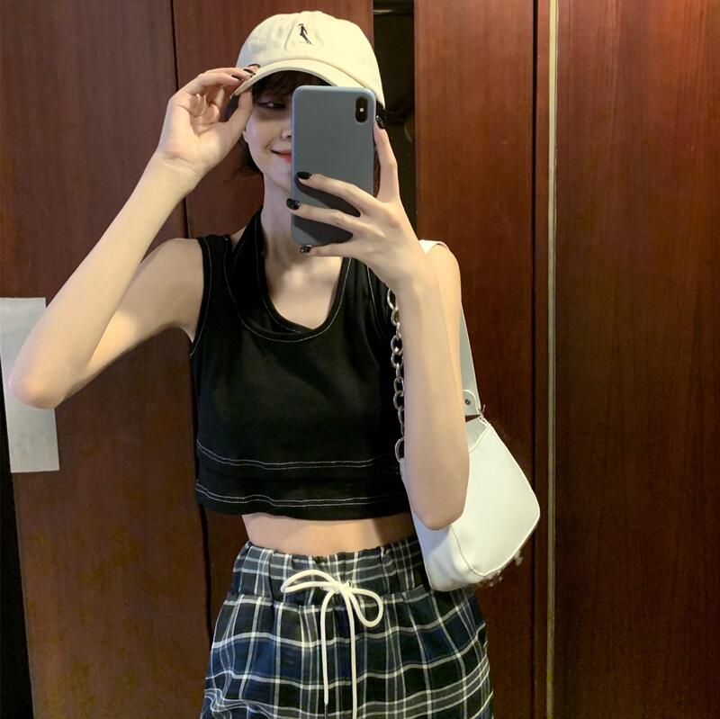 Real shot and real price design: two fake waistcoats with hanging neck + high waist and thin Plaid straight pants