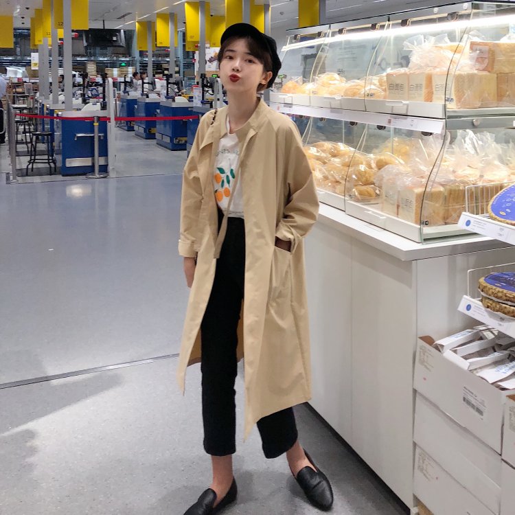 Real price standing collar lace up medium length windbreaker women's loose chic jacket