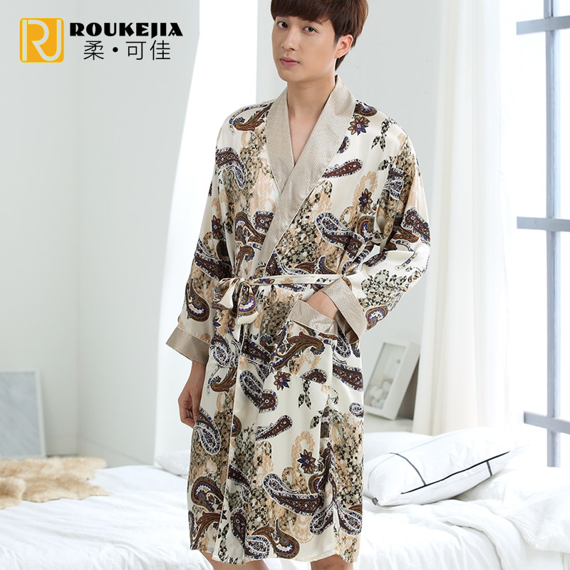 柔可佳真丝睡袍夏款男桑蚕丝长袖连体睡衣酒店浴衣春秋家居服浴袍