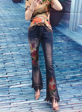 欧洲站2023秋季新款重工印花钉喇叭牛仔裤女士修身显瘦长裤女潮