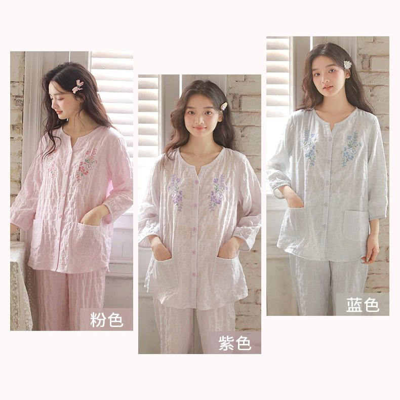 女款春夏薄款睡衣套装9分袖长裤纯棉纱布家居服空调服青年女孩