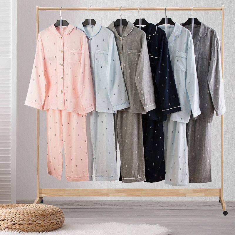 男款女款纯棉双层纱布睡衣睡裤春夏秋薄款家居服开衫室内套装情侣