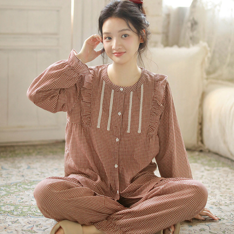 女款纯棉纱布睡衣春夏长袖薄款家居服红色小格初高中学生室内套装