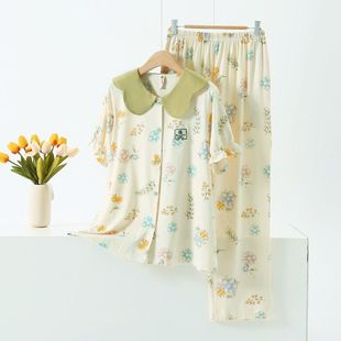 全棉薄款 长裤 女款 家居服短袖 室内初高中学生 睡衣花瓣领开衫 夏套装