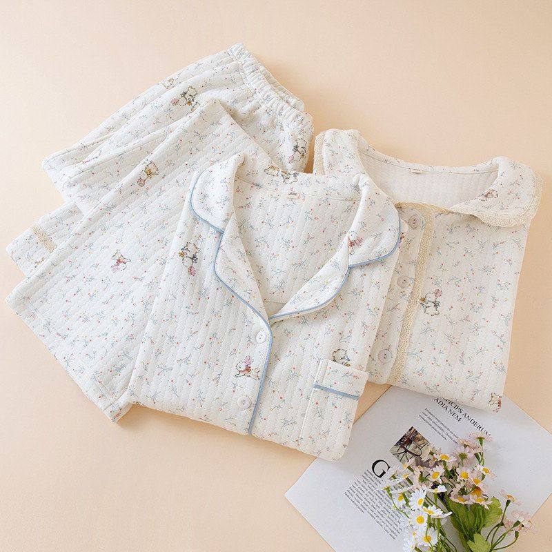 女款空气棉纯棉家居服薄夹棉睡衣翻领开衫室内居家套装碎花秋冬款