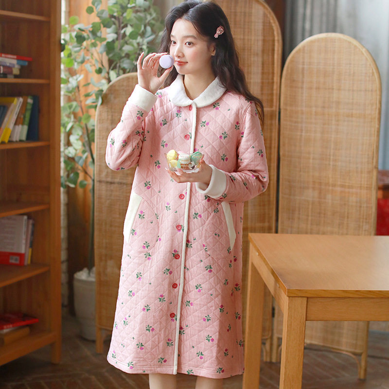 女款薄夹棉睡裙纯棉空气棉睡袍浴袍家居裙春秋冬长睡衣裙女孩学生