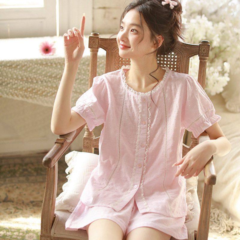 女款短袖短裤开衫家居服夏季纯棉纱布初高中学生女孩室内套装睡衣
