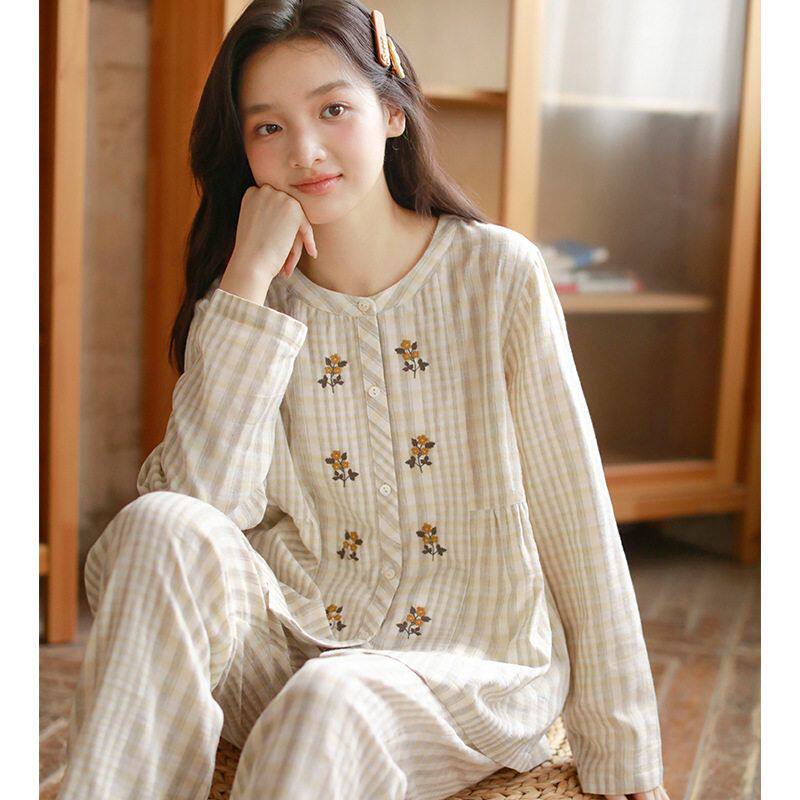 女款纯棉纱布长袖家居服开衫圆领睡衣睡裤薄款室内套装双层纱春秋
