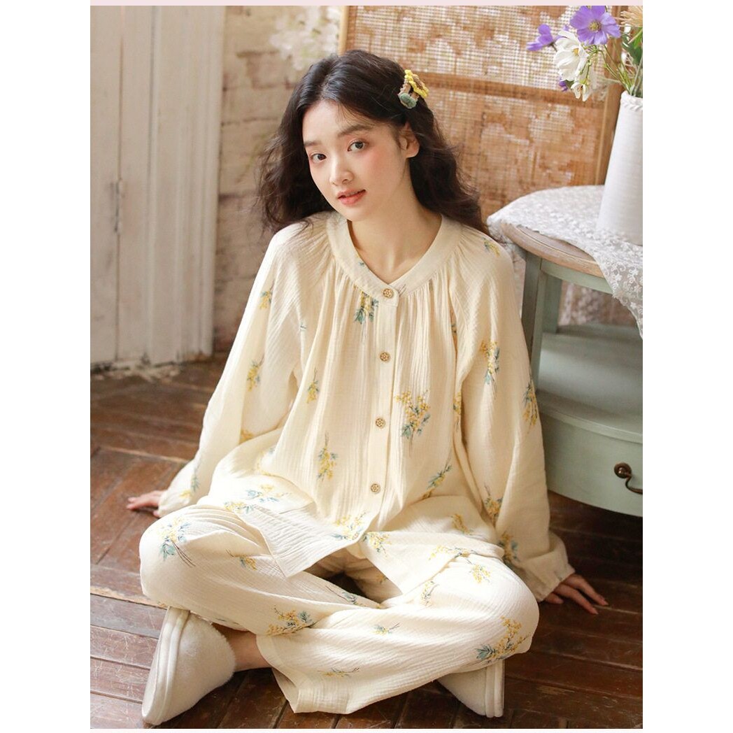 女款纯棉纱布睡衣睡裤春夏秋薄款家居服室内宽松开衫圆领长袖套装