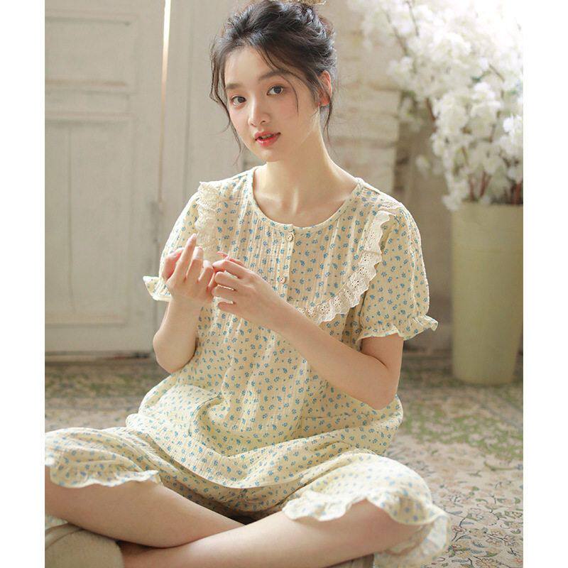 女款短袖中裤家居服纯棉纱布薄款碎花睡衣夏季室内套装初高中学生