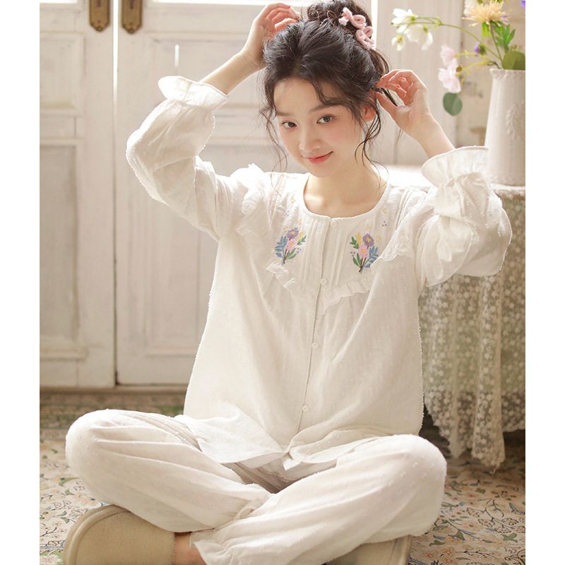 女款长袖长裤睡衣套装纯棉纱布白色家居服春夏空调服少女风学生