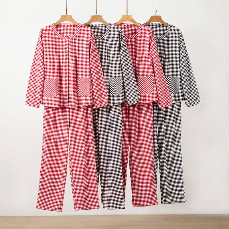 女款格子纯棉磨毛睡衣睡裤春秋家居服室内套装开衫套头睡觉衣服