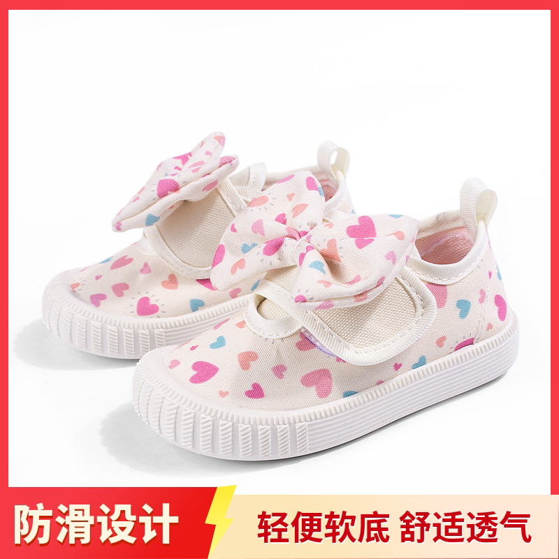 春秋新款女宝宝软底鞋子可爱蝴蝶结女童帆布鞋软底透气轻便单鞋子