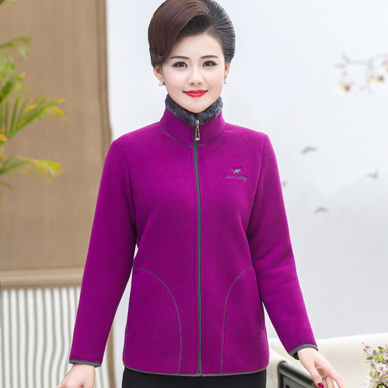 加绒摇粒绒开衫立领中老年外套女