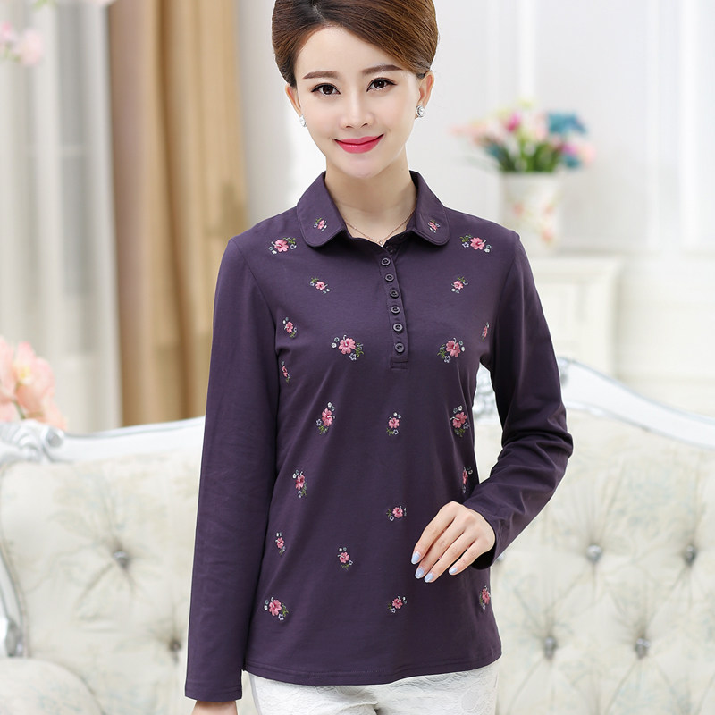 中老年人纯棉T恤女翻领妈妈装休闲打底衫春秋装绣花长袖上衣服装