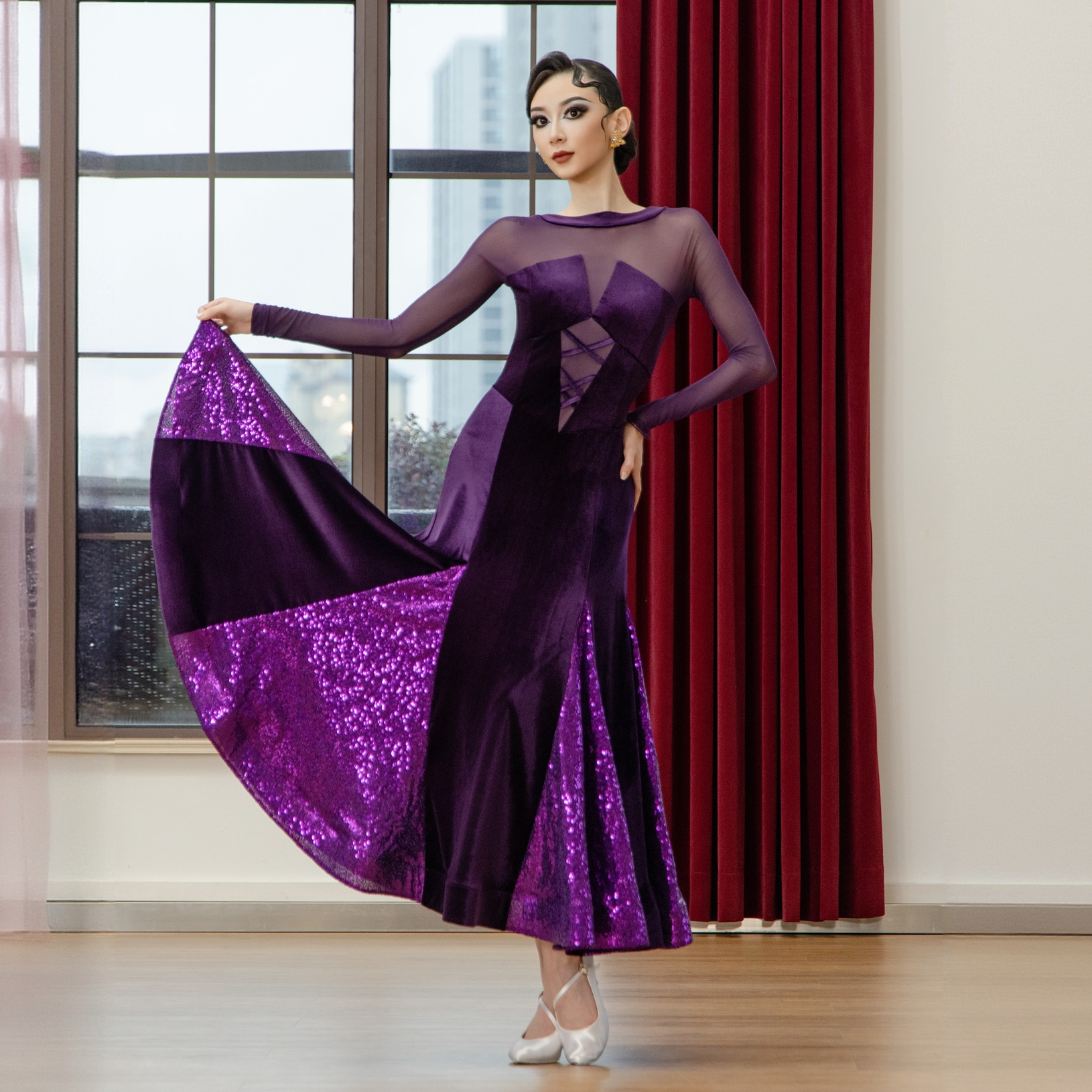 丹珍国标连衣裙新款女交谊舞摩登表演舞跳舞性感丝绒大摆裙M9-14,运动/瑜伽/健身/球迷用品,摩登舞套装(含演出服),淘宝优惠券,粉丝福利购,淘宝优惠卷