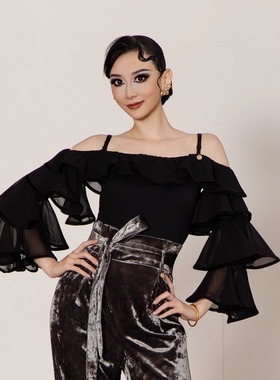 25年秋冬新款交谊舞双人舞国标女士摩登舞上衣跳舞飘纱练功服H96