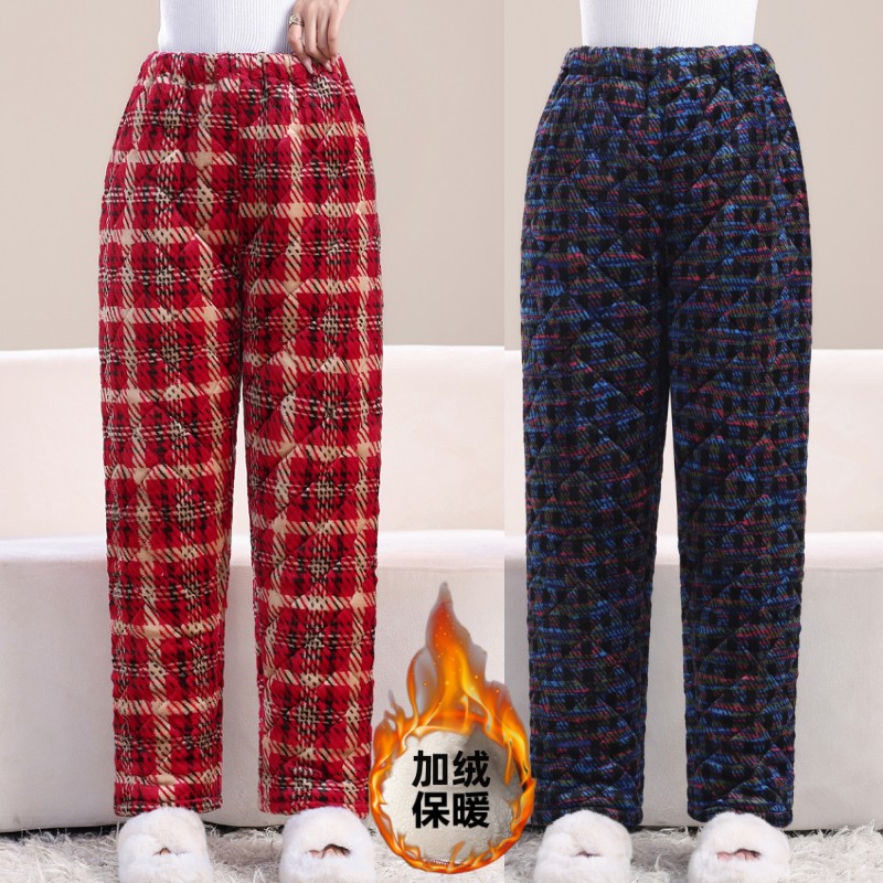 2025中老年法兰绒加厚三层保暖新款松紧高腰女裤妈妈秋冬加绒棉裤