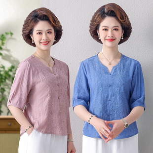 七分袖棉麻衬衫女士2024年春季新款纯棉大码中袖妈妈衬衣短袖上衣
