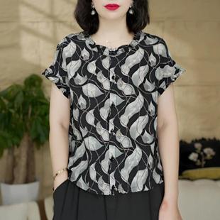 印花木耳边短袖 妈妈夏装 时尚 小衫 洋派薄款 2025新款 中老年显瘦衬衫