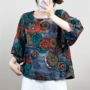 棉麻娃娃衫中老年小衫中袖宽松版圆领宽松显瘦遮肚子上衣打底文艺