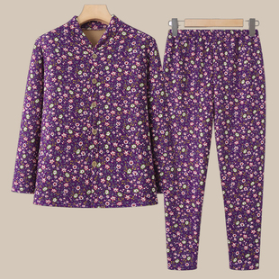 中老年妈妈保暖两件套老太太加绒保暖内衣套装女奶奶碎花秋衣秋裤