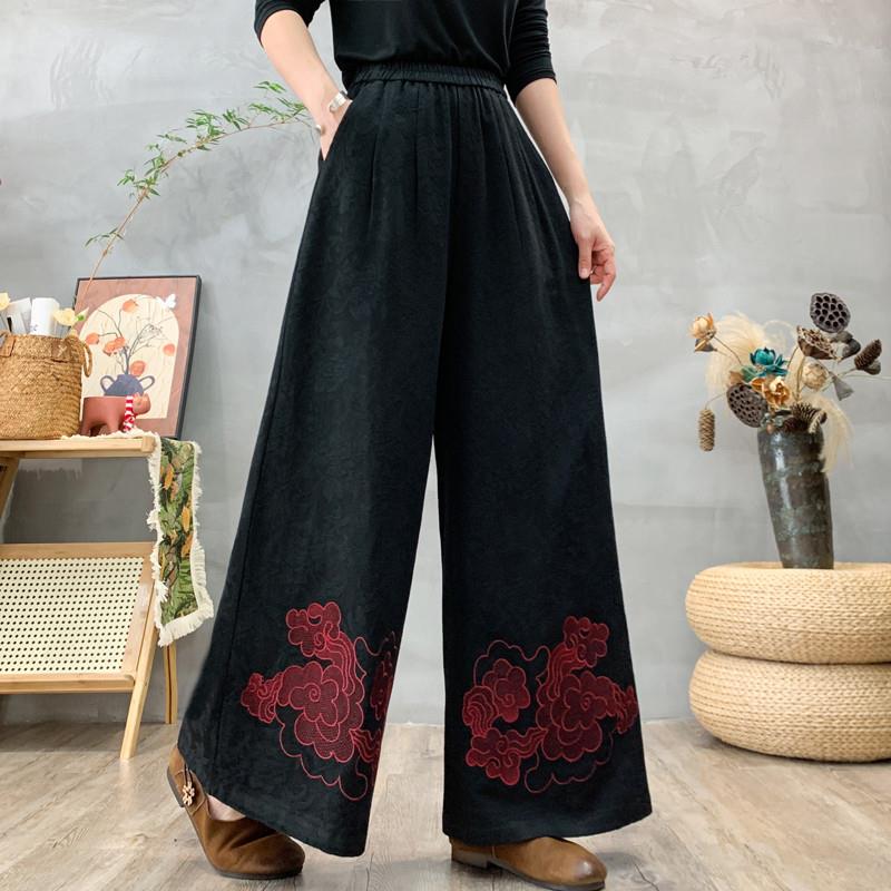 国风新款复古刺绣阔腿裤民族风绣花直筒高腰裤中国风宽松妈妈裤子