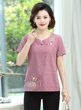 2022夏季休闲女装T恤棉麻短袖上衣中年洋气小衫中老年绣花大码