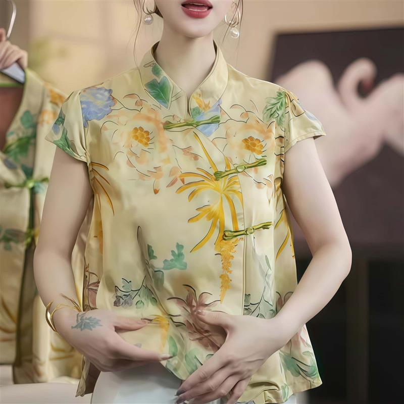 2025新款黄色印花短袖减龄上衣减龄独特漂亮小衫夏季中式国风女装