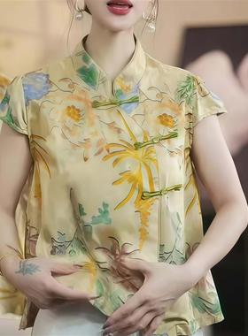 2025新款黄色印花短袖减龄上衣减龄独特漂亮小衫夏季中式国风女装