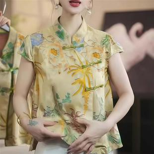 黄色印花短袖 国风女装 减龄上衣减龄独特漂亮小衫 中式 夏季 2025新款