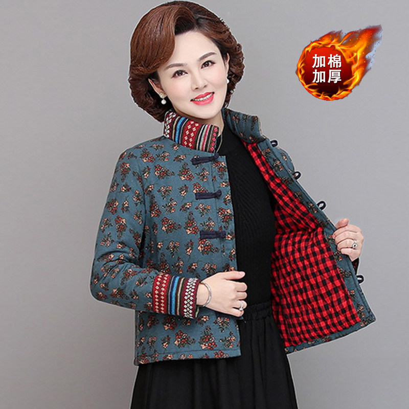 女式唐装棉服冬装中国风棉衣民族风妈妈夹棉薄外套复古棉麻小棉袄