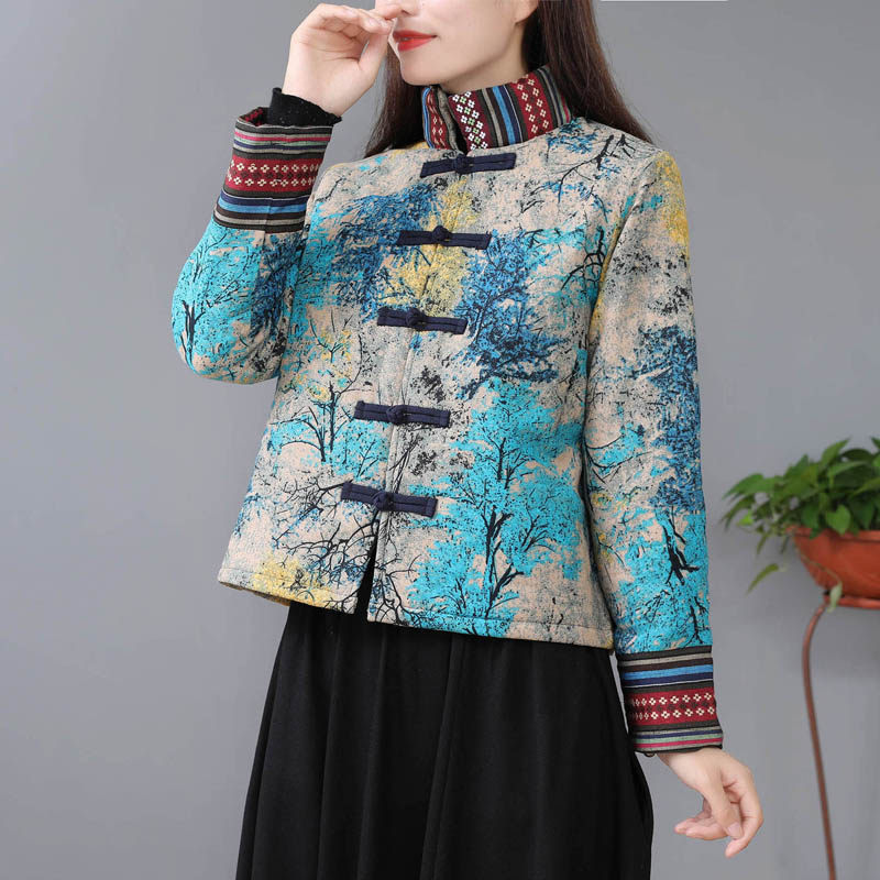 秋冬新款民族风棉麻印花中式唐装小棉衣大码中老年女装长袖小棉袄