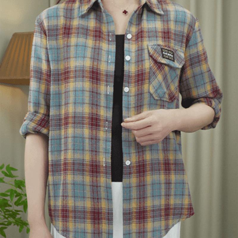 减龄衬衣中年妈妈休闲时尚百搭衬衣女士春秋新款纯棉格子长袖衬衫