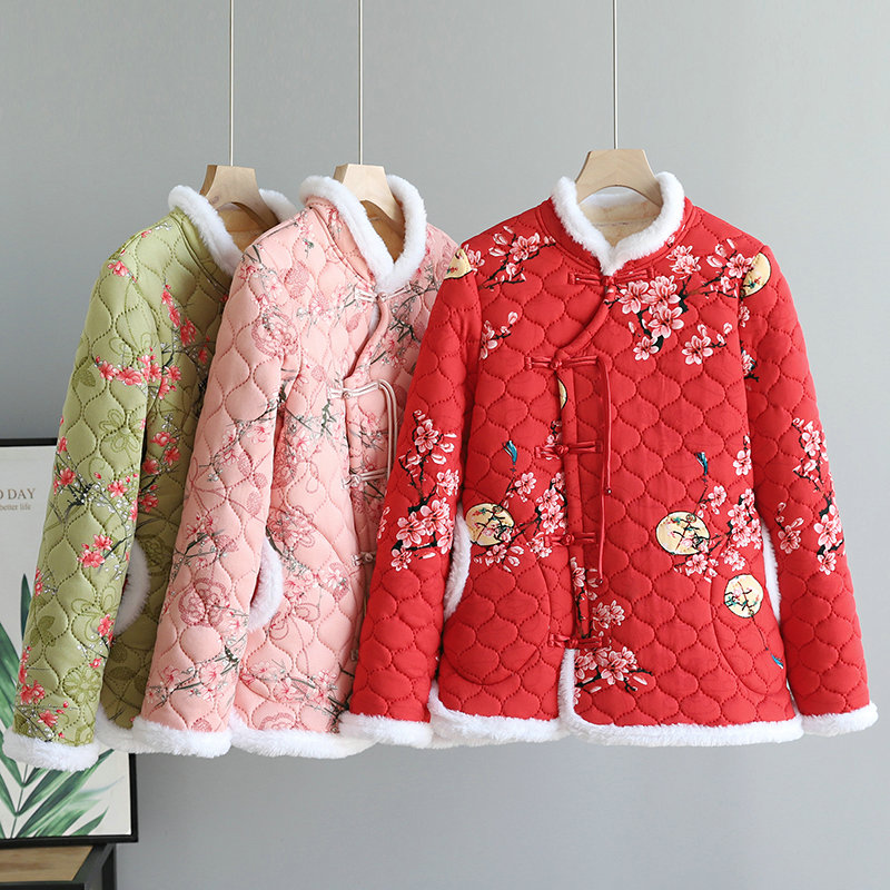 新中式改良旗袍花棉袄女冬拜年服中国风加绒加厚盘扣唐装棉服汉服