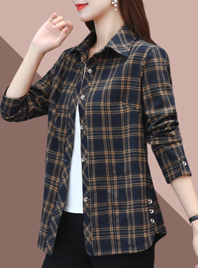 有口袋妈妈装格子长袖衬衫中老年女装春夏新款中长款衬衣翻领外套